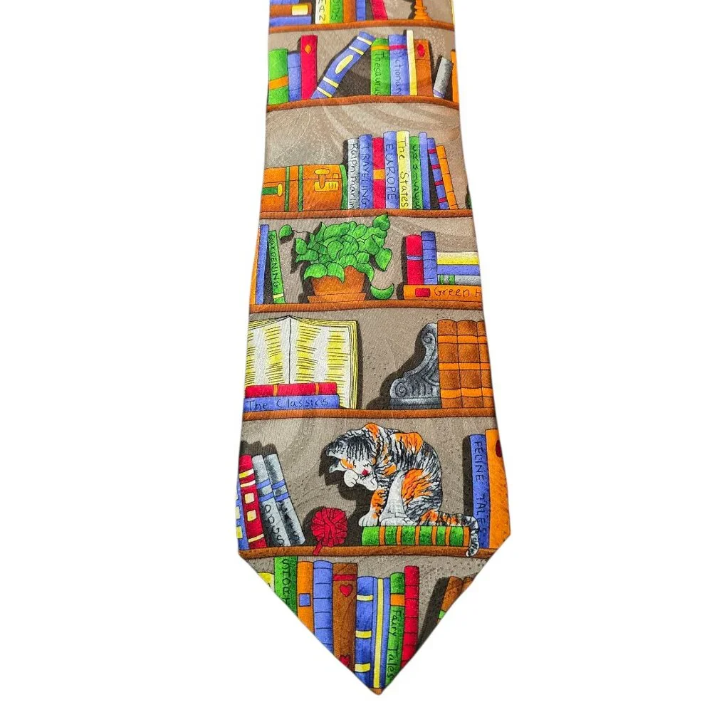 100% Silk Cat Bookshelf Library Novelty Tie Book Lover Teacher Librarian Necktie